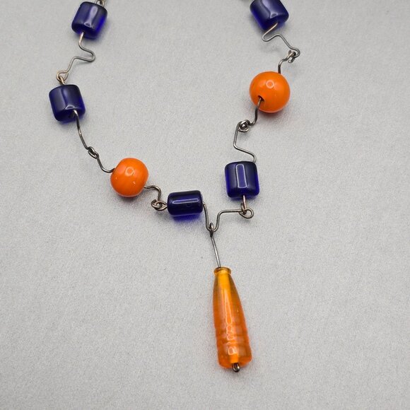 VTG Artisian Necklace Sterling Silver Cobalt Blue & Orange Beaded Necklace 16" - Picture 3 of 11